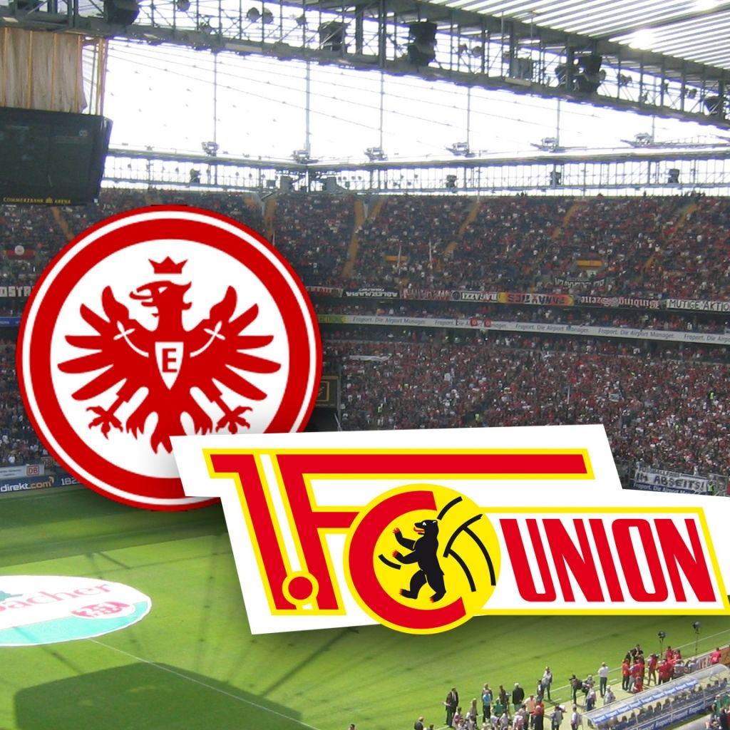 Logo von Eintracht Frankfurt und 1. FC Union Berlin vor einem Stadion mit Zuschauern.