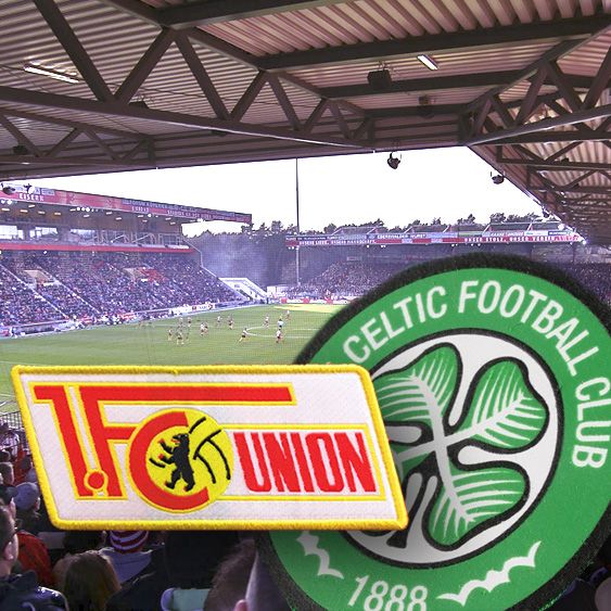 Stadionansicht mit Fußballspiel im Hintergrund und den Logos von 1. FC Union und Celtic Football Club im Vordergrund.