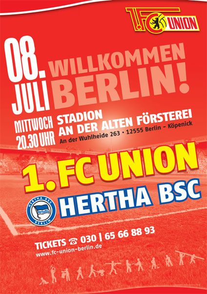 Plakat für ein Fußballspiel zwischen 1. FC Union und Hertha BSC am 8. Juli, Ort und Uhrzeit angegeben.