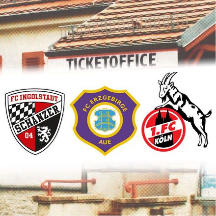 Logos von FC Ingolstadt, Erzgebirge Aue und 1. FC Köln, mit der Beschriftung "Ticket Office" angezeigt.
