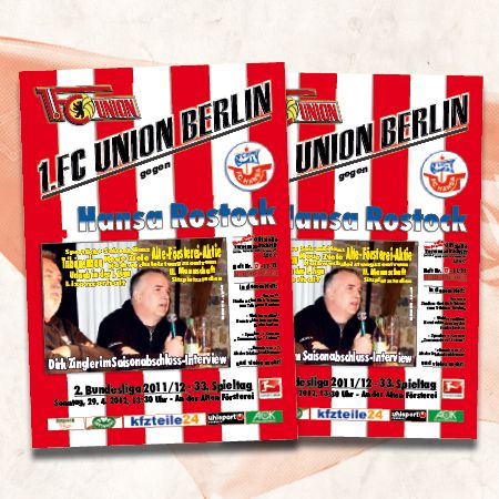 Plakate für ein Fußballspiel zwischen 1. FC Union Berlin und Hansa Rostock mit Interviewhinweisen und Spielterminen.
