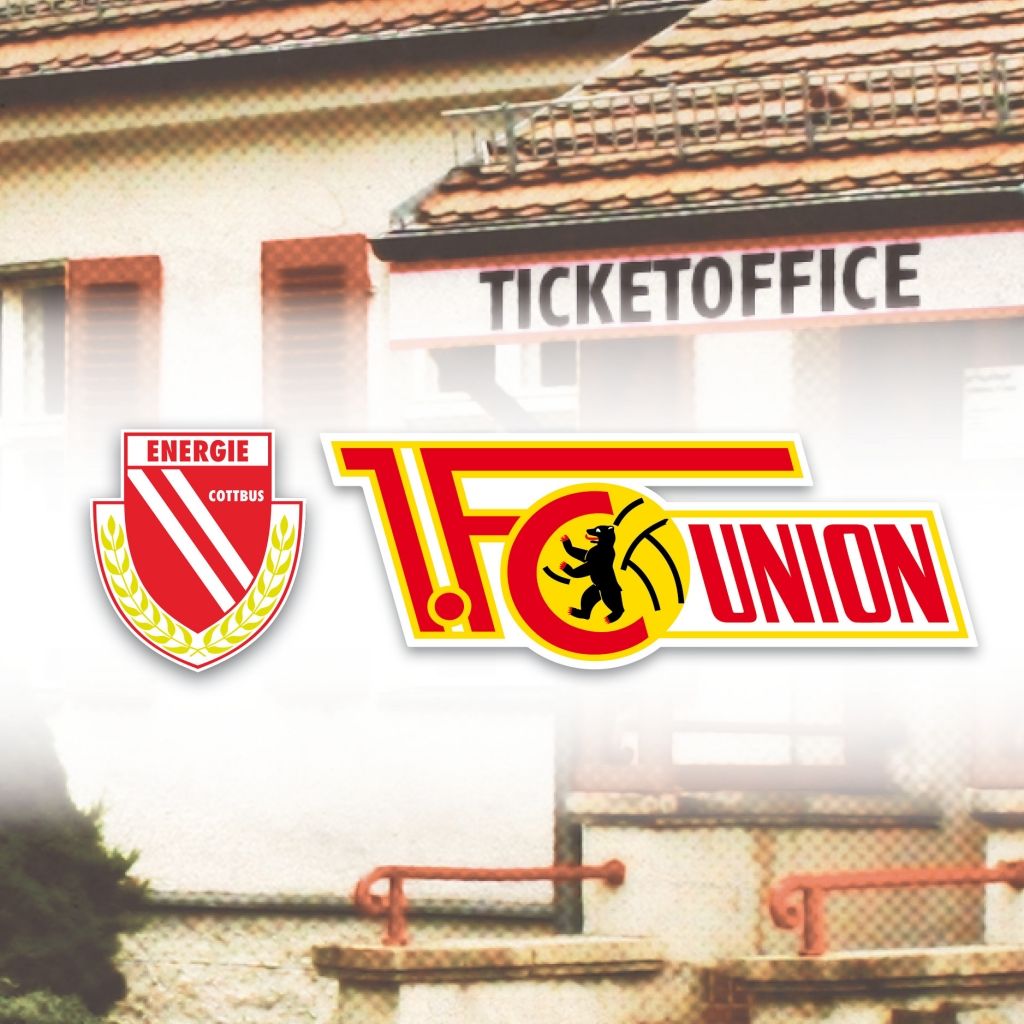 Logos von Energie Cottbus und 1. FC Union Berlin vor einem Ticketbüro.