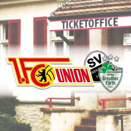 Logo des 1. FC Union und SV Greuther Fürth vor einem Ticketbüro.