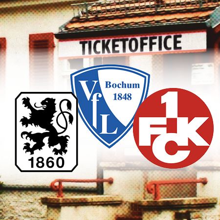 Logo der Fußballvereine TSV 1860 München, VfL Bochum und 1. FC Kaiserslautern vor einem Ticketbüro.