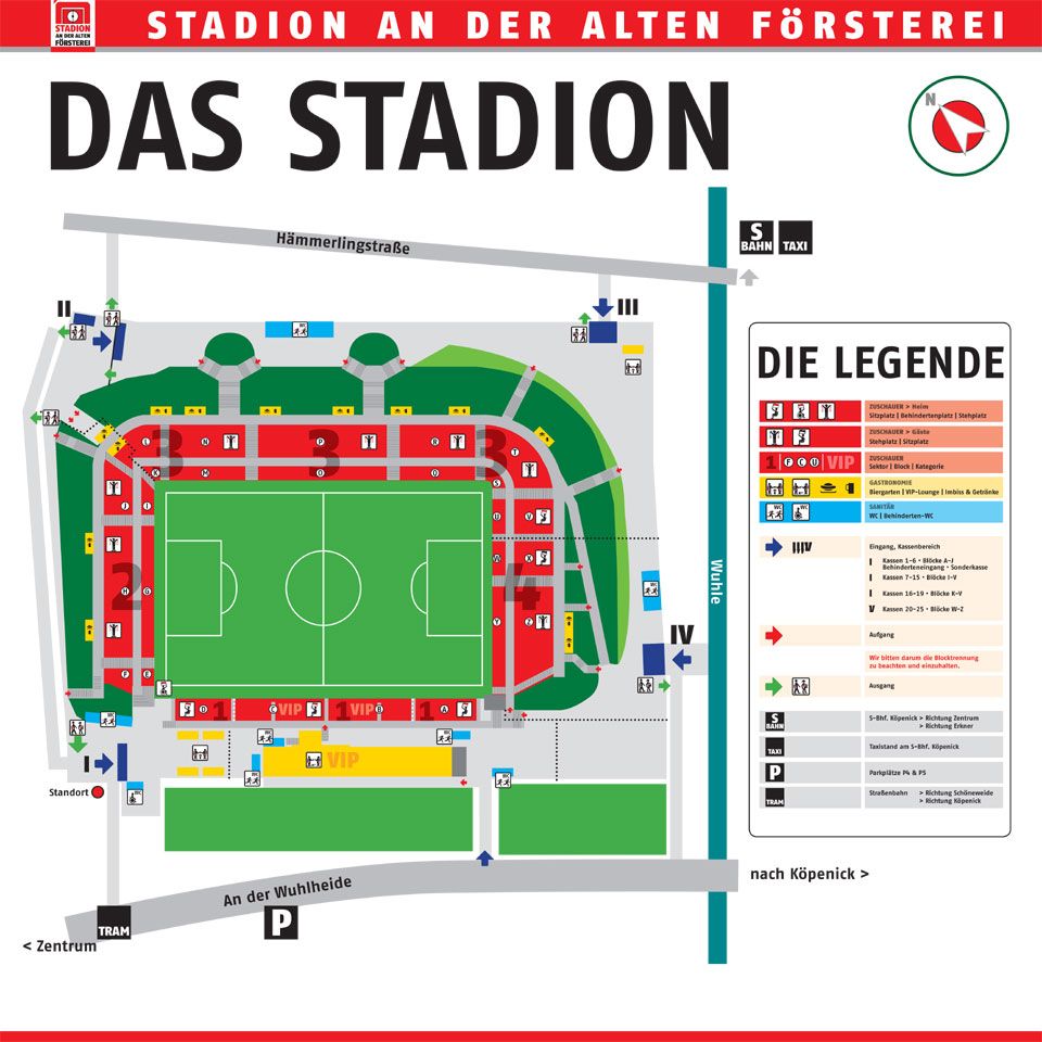 Schematische Übersicht des Stadions an der Alten Försterei mit Bereichen, Sitzplätzen und Legende.