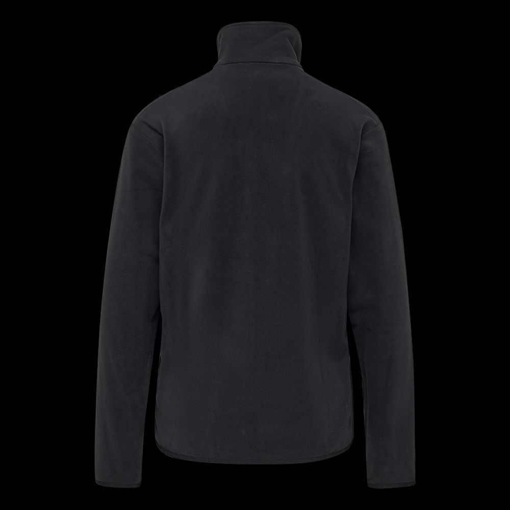 Schwarze Fleecejacke mit hohem Kragen, von hinten betrachtet.