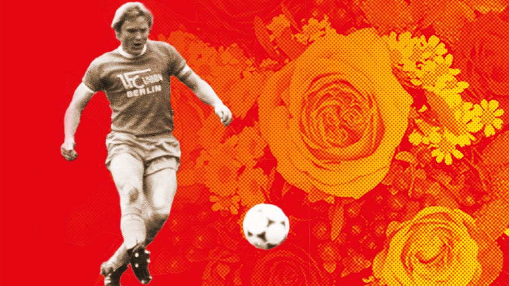 Ein Fußballspieler in einem roten Trikot kickt einen Ball vor einem Muster aus gelben und roten Blumen.