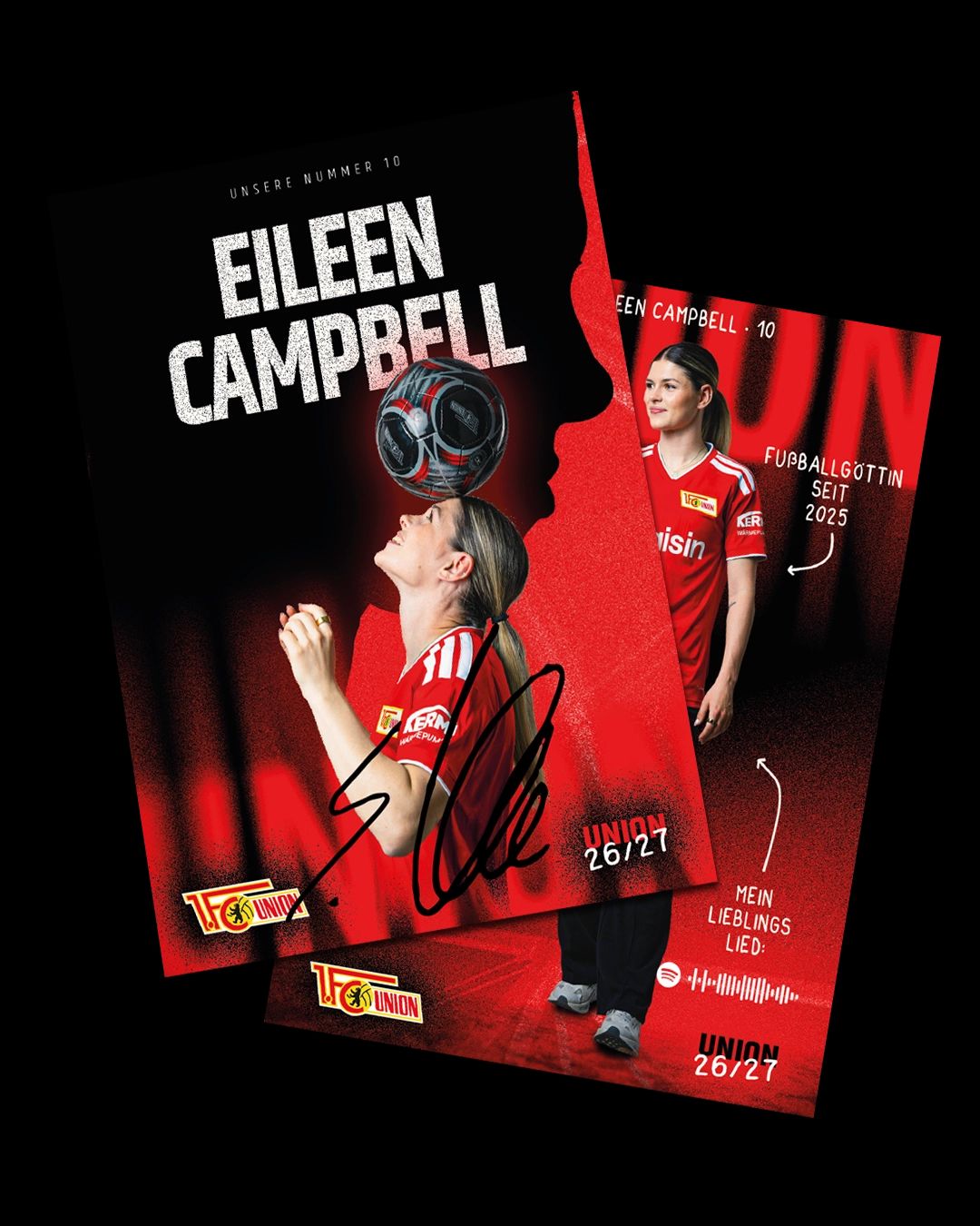 Eine doppelseitige Personal-Karte mit Eileen Campbell in sportlicher Kleidung, mit Unterschrift und Teamlogo im Hintergrund.