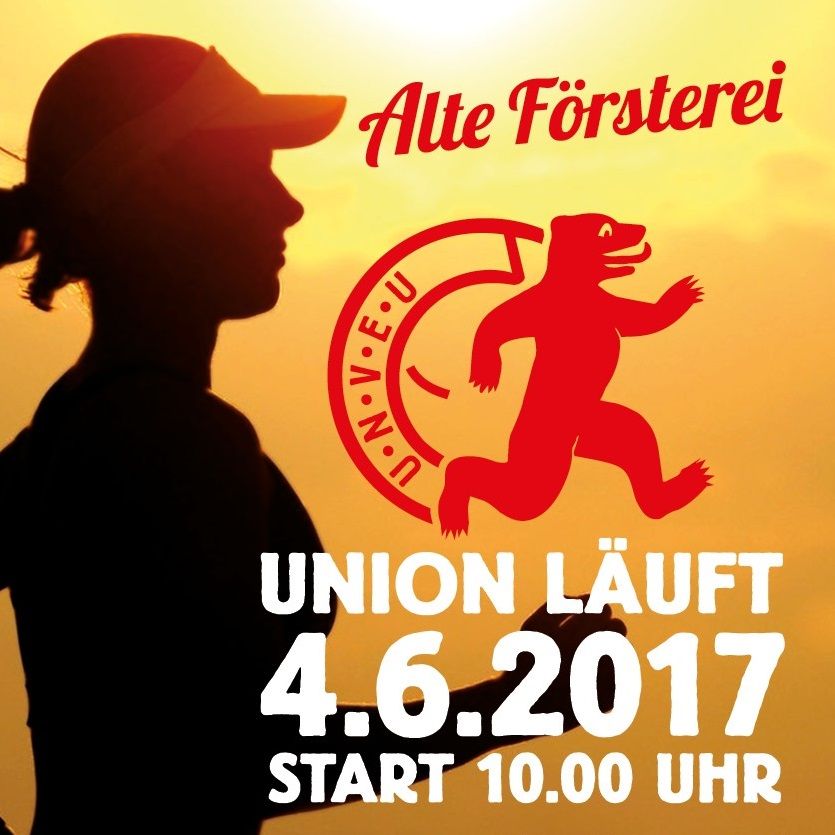 Silhouette einer laufenden Person vor einem Sonnenuntergang, mit dem Logo der Alten Försterei und Veranstaltungshinweisen.