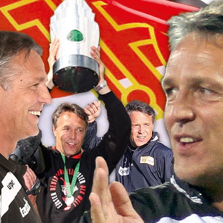 Collage eines lächelnden Mannes mit mehreren Bildern, darunter einer, der einen Pokal hält, vor einem rot-gelben Hintergrund.