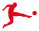 Red silhouette of a soccer player kicking a ball with the right foot.