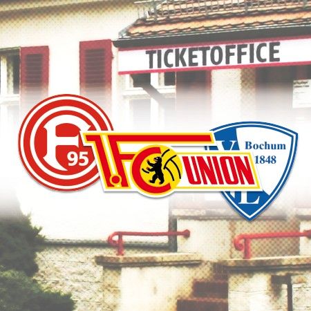 Logo von Fortuna Düsseldorf und FC Union Berlin, mit einem Hinweis auf das Ticketbüro im Hintergrund.