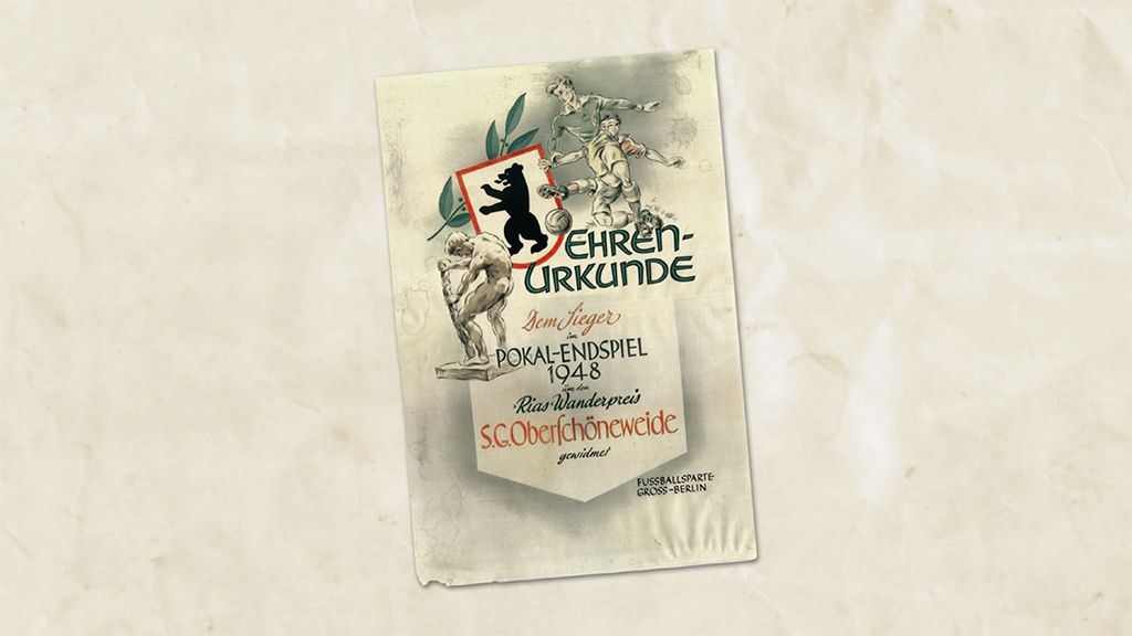 Urkunde für das Pokal-Endspiel 1948, präsentiert von S.C. Oberfrankenweide, mit grafischen Elementen und einem Löwenemblem.
