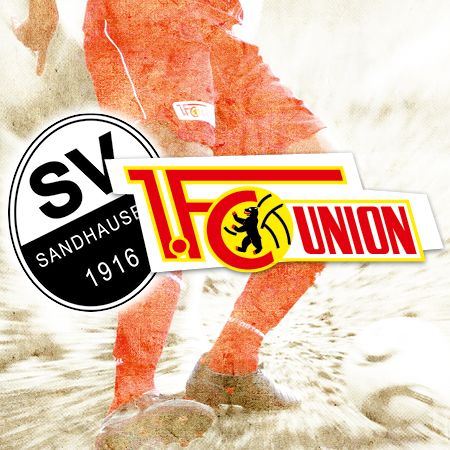 Logo von SV Sandhausen und 1. FC Union unter einem dynamischen Fußball-Hintergrund.
