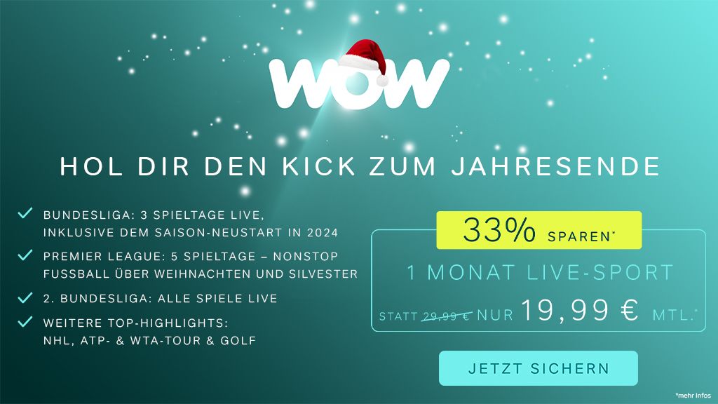 Werbung für ein Sport-Streaming-Angebot mit Informationen zu Preisen, Rabatten und verfügbaren Ligen. Weihnachtsmütze sichtbar.