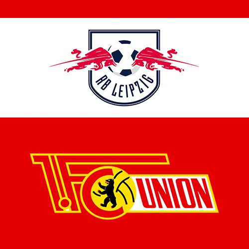 Logos der Fußballmannschaften RB Leipzig und 1. FC Union Berlin auf rotem Hintergrund.