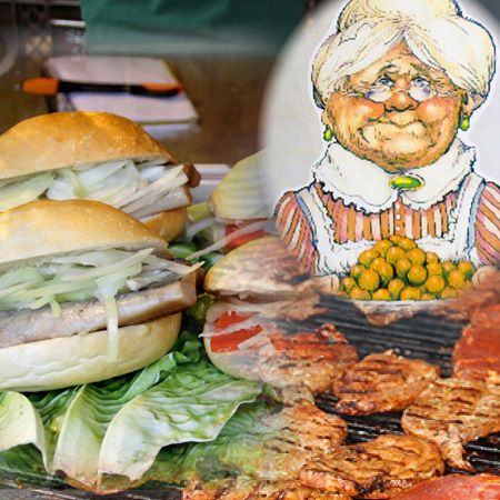 Ein Teller mit zwei Sandwiches und einer Grillfläche mit verschiedenen Fleischsorten, neben einer Zeichnung einer älteren Frau.