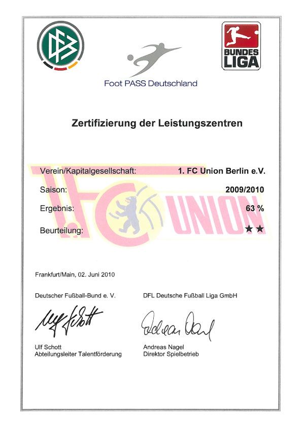 Zertifikat für Leistungszentren des 1. FC Union Berlin e.V. für die Saison 2009/2010 mit Bewertung von 63%.