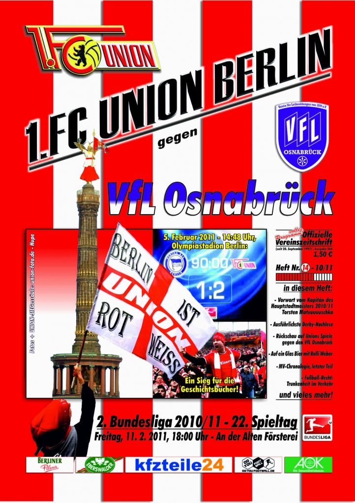 Plakat für ein Fußballspiel zwischen 1. FC Union Berlin und VfL Osnabrück am 11. Februar 2011, mit einem Hintergrund in den Vereinsfarben.