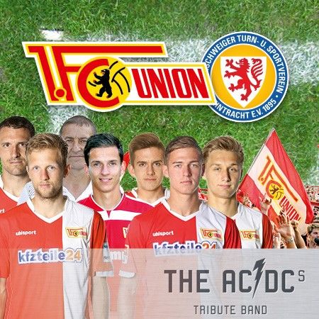 Eine Gruppe von Fußballspielern in rot-weißen Trikots steht zusammen, mit einem Banner und dem Logo von 1. FC Union Berlin im Hintergrund.