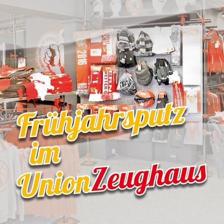 Frühjahrssaison im UnionZughaus mit rot-weißen Fanartikeln und Merchandise in einem Verkaufsraum.