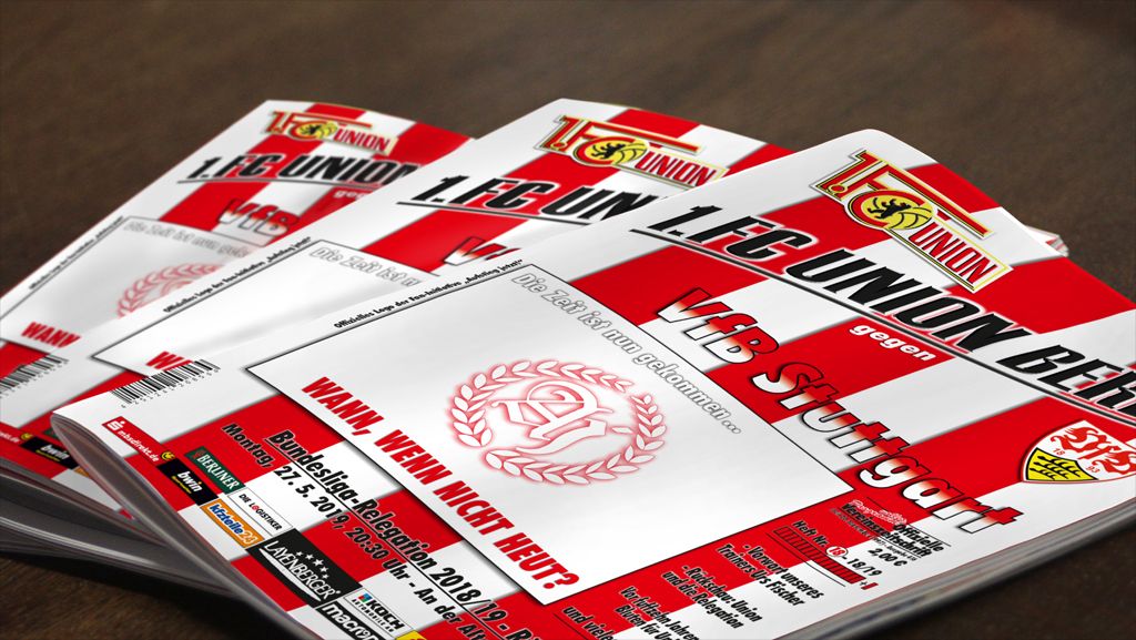 Zwei Promo-Flyer für ein Fußballspiel zwischen 1. FC Union Berlin und VfB Stuttgart, gestaltet in rot-weißer Farbgebung.