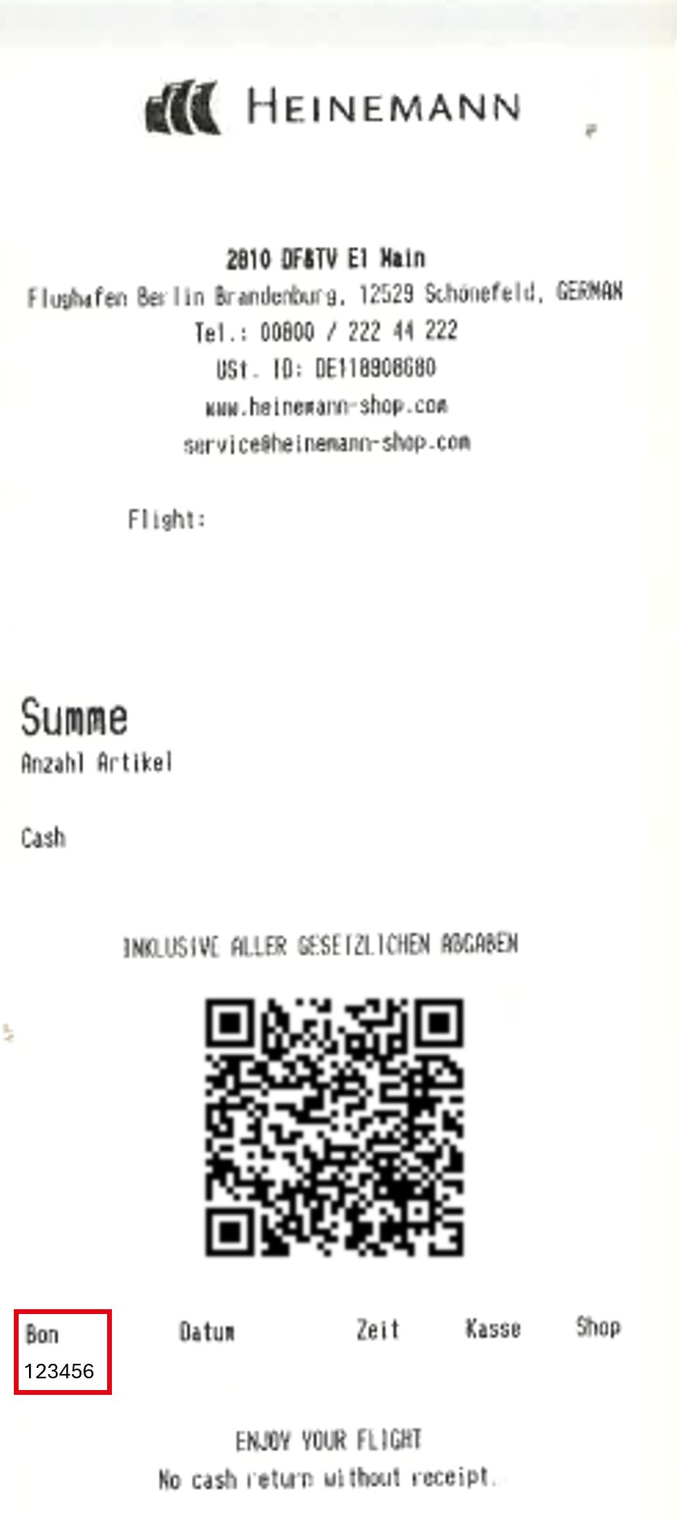 Quittung von Heinemann am Flughafen Berlin, mit QR-Code und Angaben zu Betrag, Artikelanzahl und Kassennummer.