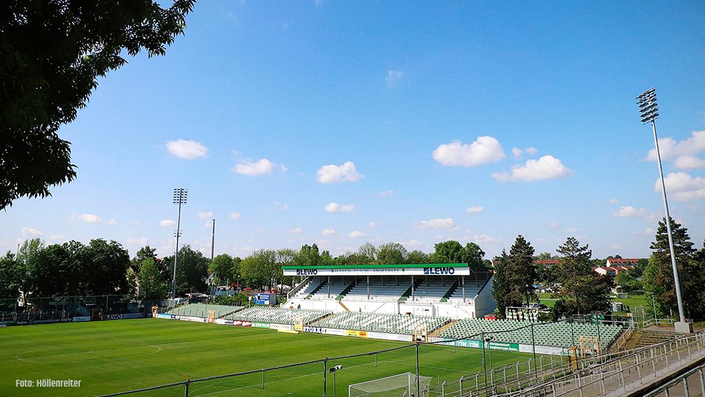 Green-and-white soccer field with stands and a roof, surrounded by trees and a clear blue sky.