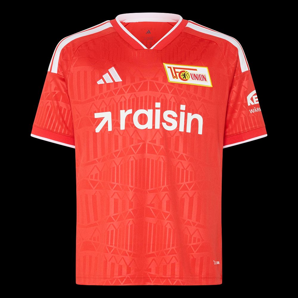 Rotes Fußballtrikot mit weißen Akzenten und dem Logo von FC Union Berlin sowie dem Schriftzug „raisin“.