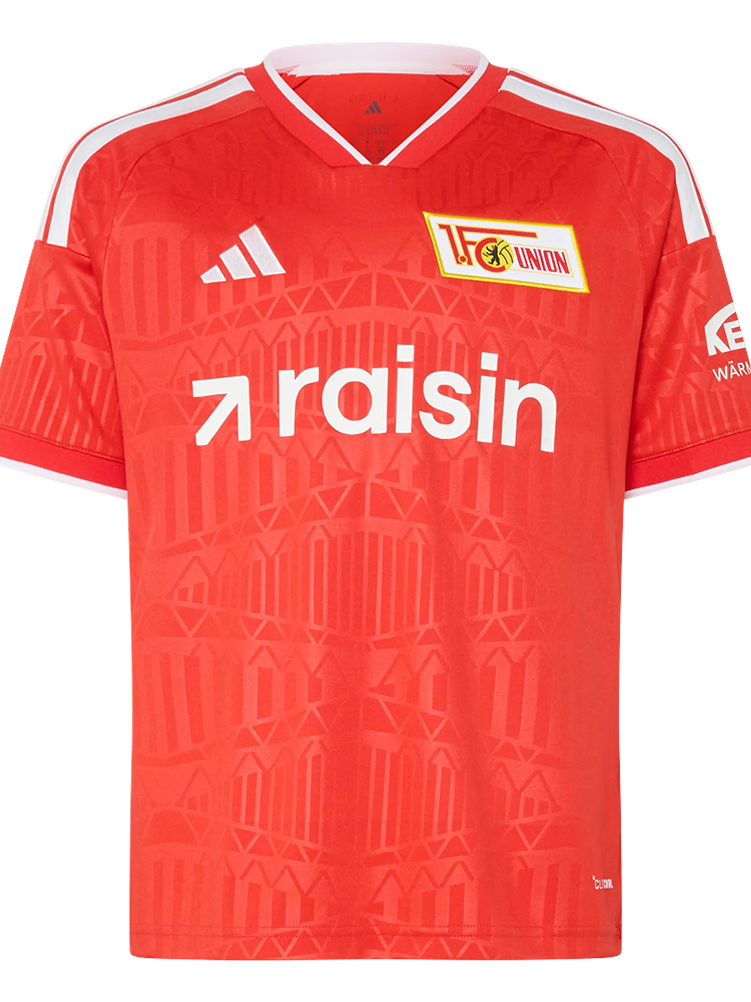 Rotes Fußballtrikot mit weißen Akzenten und dem Logo von FC Union Berlin sowie dem Schriftzug „raisin“.