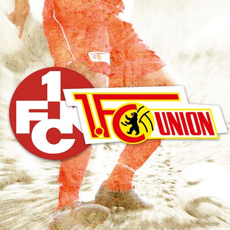 Logo des 1. FC Union Berlin mit einem Fußballspieler im Hintergrund.