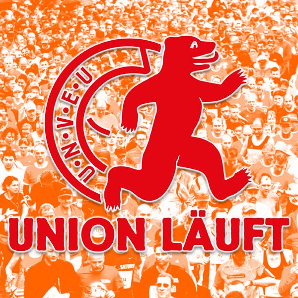 Logo von Union mit einem laufenden Bären und dem Schriftzug "UNION LÄUFT" vor einer Menschenmenge.
