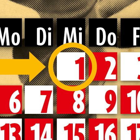 Kalenderblatt mit den Wochentagen in schwarz und rot, Markierung des Tages mit der Zahl 1 in einem weißen Feld.