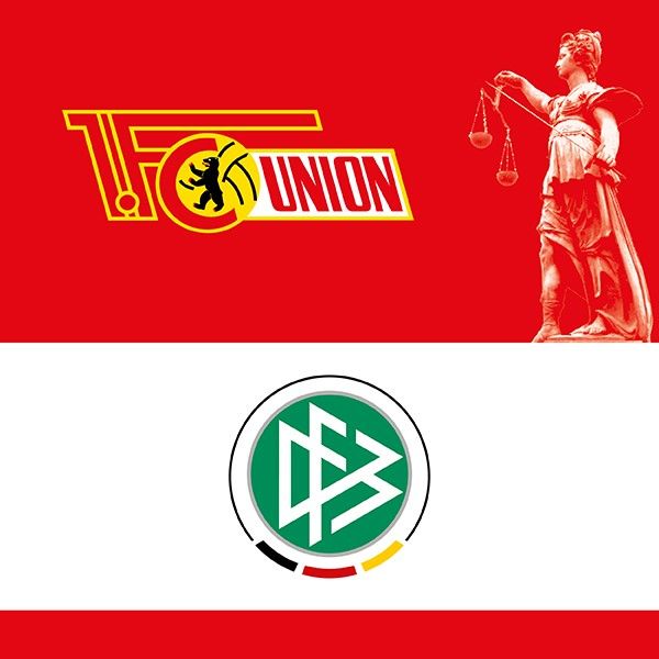 Logo von 1. FC Union Berlin auf rotem Hintergrund, darunter das Logo des DFB auf weißem Hintergrund und eine Statue der Justitia.