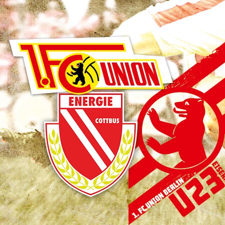 Logo-Kombination des 1. FC Union Berlin und Energie Cottbus mit einem Bärenmotiv und den U23-Bereich.