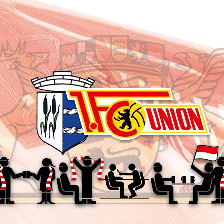 Logo des 1. FC Union mit stilisierten Fans, die in verschiedenen Tätigkeiten und Posen dargestellt sind.