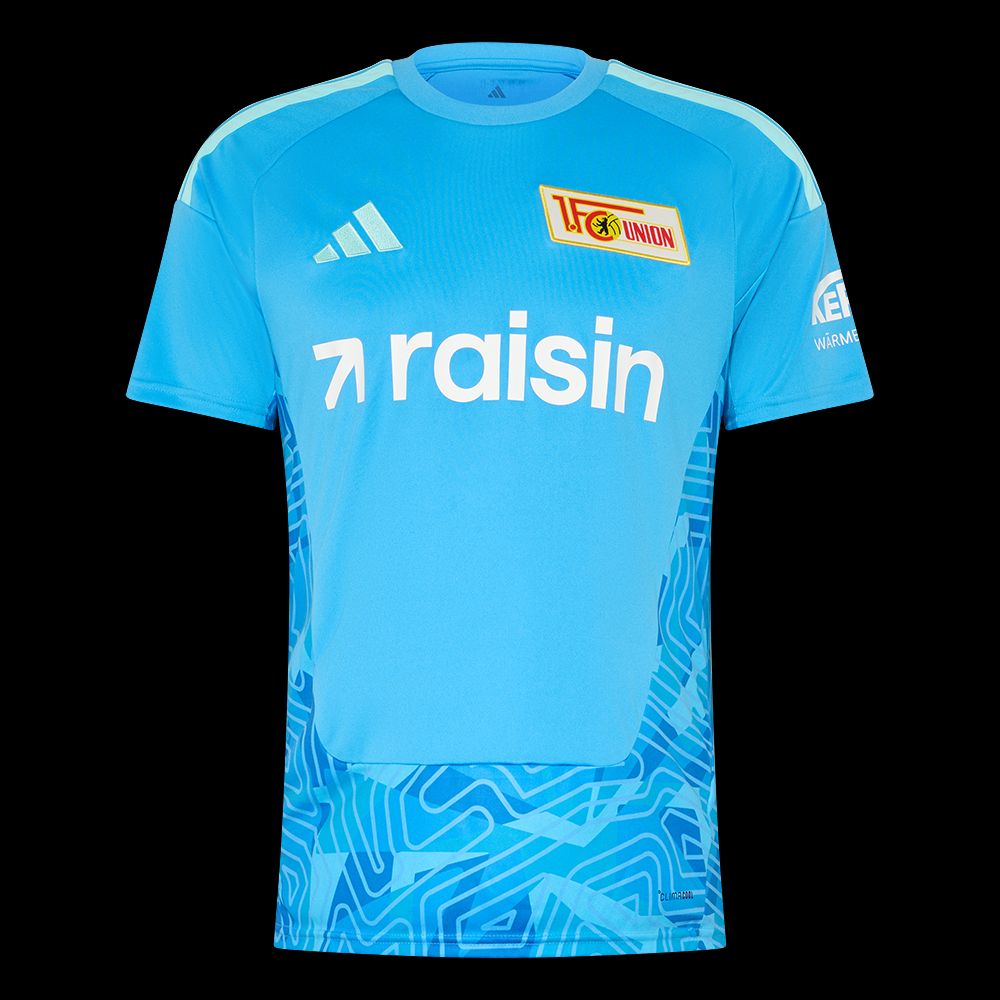 Himmelblaues Fußballtrikot mit einem grafischen Muster und dem Logo von Union Berlin auf der Vorderseite.