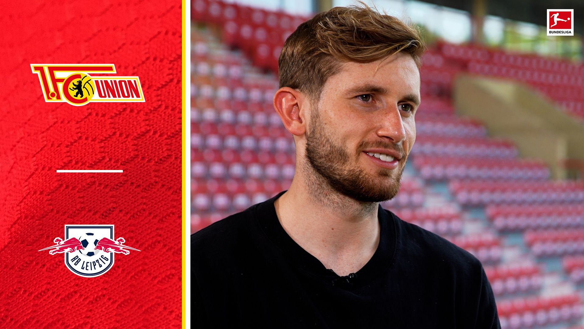 Ein junger Mann mit kurzen Haaren lächelt in einem leeren Stadion, links das Emblem von FC Union, rechts das von RB Leipzig.