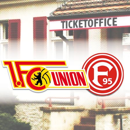 Logo des 1. FC Union Berlin und Fortuna Düsseldorf unter der Beschriftung "TICKET OFFICE" im Hintergrund.