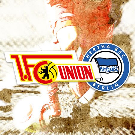 Logo von 1. FC Union Berlin und Hertha BSC mit einem Fußball im Hintergrund.