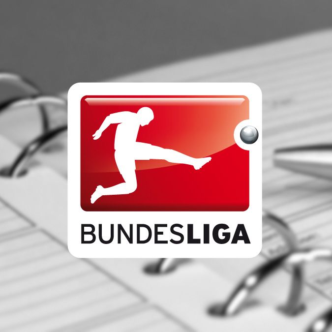 Logo der Bundesliga mit einem stilisierten Fußballspieler in Aktion auf rotem Hintergrund.