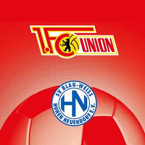 Logo von 1. FC Union auf rotem Hintergrund und Logo von SV Blau-Weiss Hohen Neuendorf e.V. über einem Fußball.