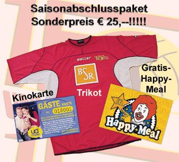 Rotes Trikot mit Logo, umgeben von Werbematerialien für ein Happy Meal und einer Kinokarte, sowie einem Saisonabschlussangebot.