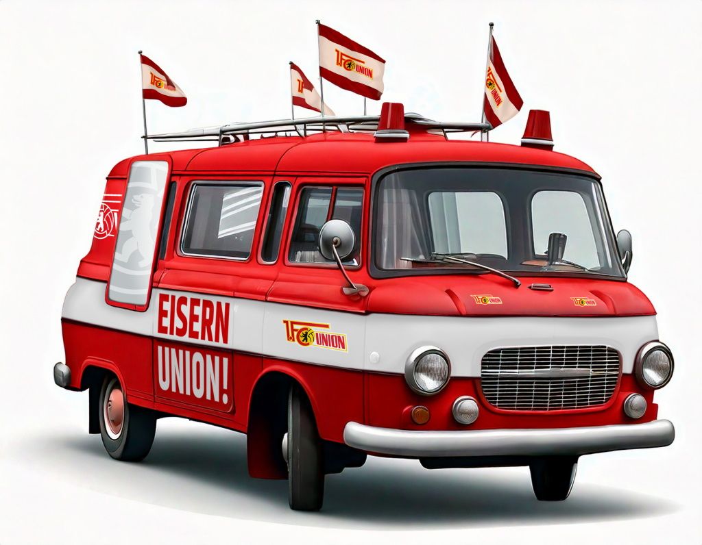 Ein rot-weißer VW Bulli mit Flaggen und Aufschrift "EISERN UNION!" auf der Seite.