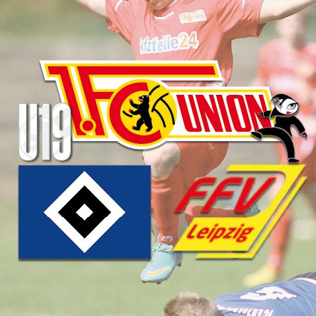 Ein Bild mit Logos von Eintracht Frankfurt, Hamburg SV, FC Union Berlin und FFV Leipzig auf einem Fußballfeld.