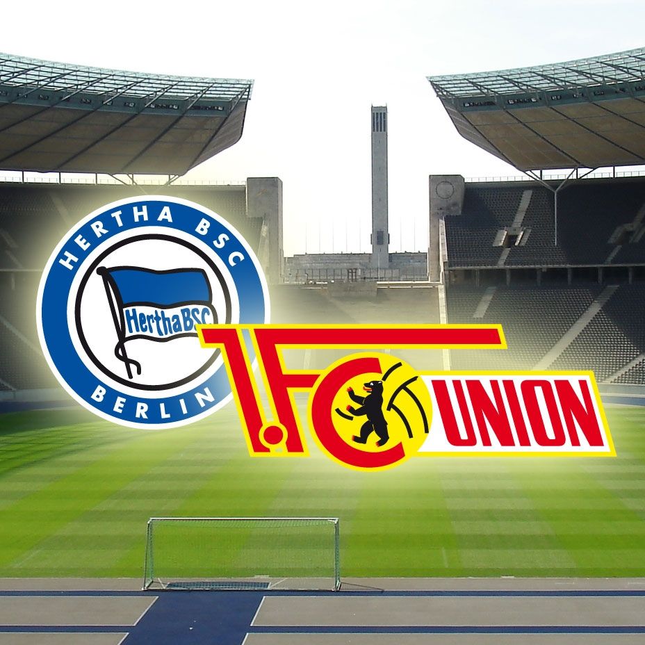 Logo von Hertha BSC und 1. FC Union Berlin vor dem Olympiastadion Berlin.