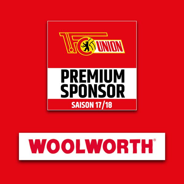 Logo von 1. FC Union für die Saison 17/18 mit der Aufschrift "Premium Sponsor" und dem Namen "Woolworth" darunter.