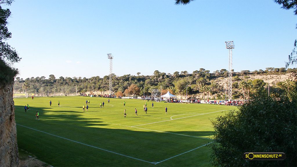 A soccer field with players in action, surrounded by trees and spectators. Clear skies and sports infrastructure in the background.