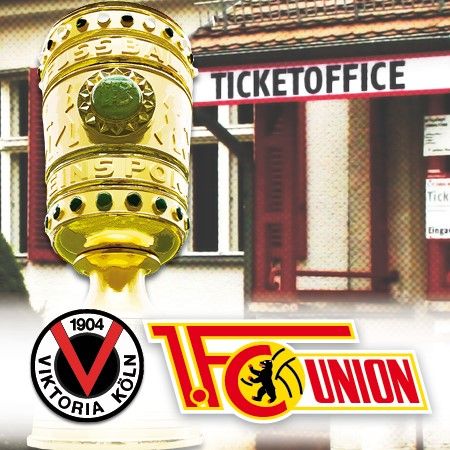 Bild mit dem DFB-Pokal, Logos von Viktoria Köln und 1. FC Union Berlin sowie der Aufschrift "Ticketoffice".