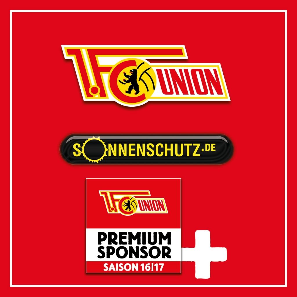 Logo von 1. FC Union Berlin und dem Sponsor Sonnenschutz.de auf rotem Hintergrund.